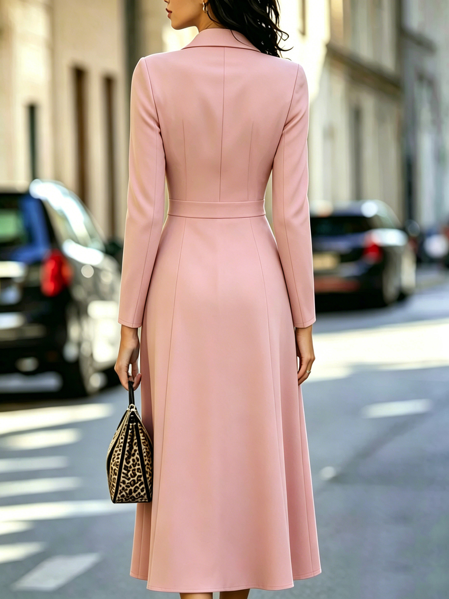 Robe longue élégante et tendance, couleur unie, décontractée, ajustée, style automne-hiver, manches longues, double boutonnage, à taille cintrée.