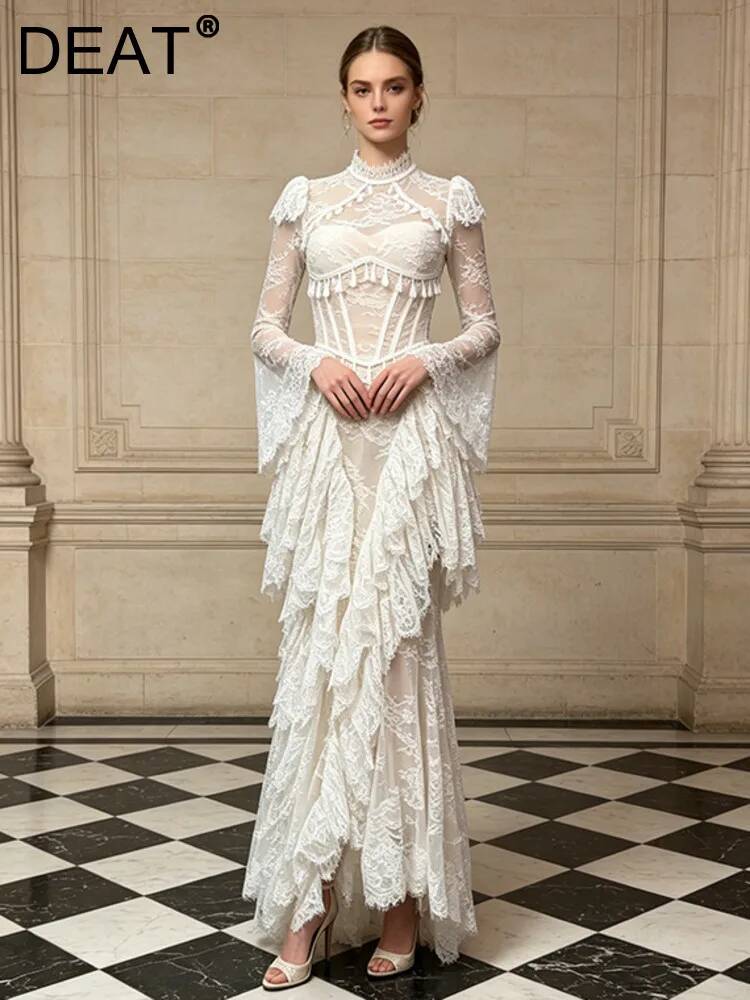 Robe de soirée DEAT 2026, nouvelle collection automne, en dentelle haut de gamme, à manches cloche, coupe ajustée pour femme, robes brodées ajourées