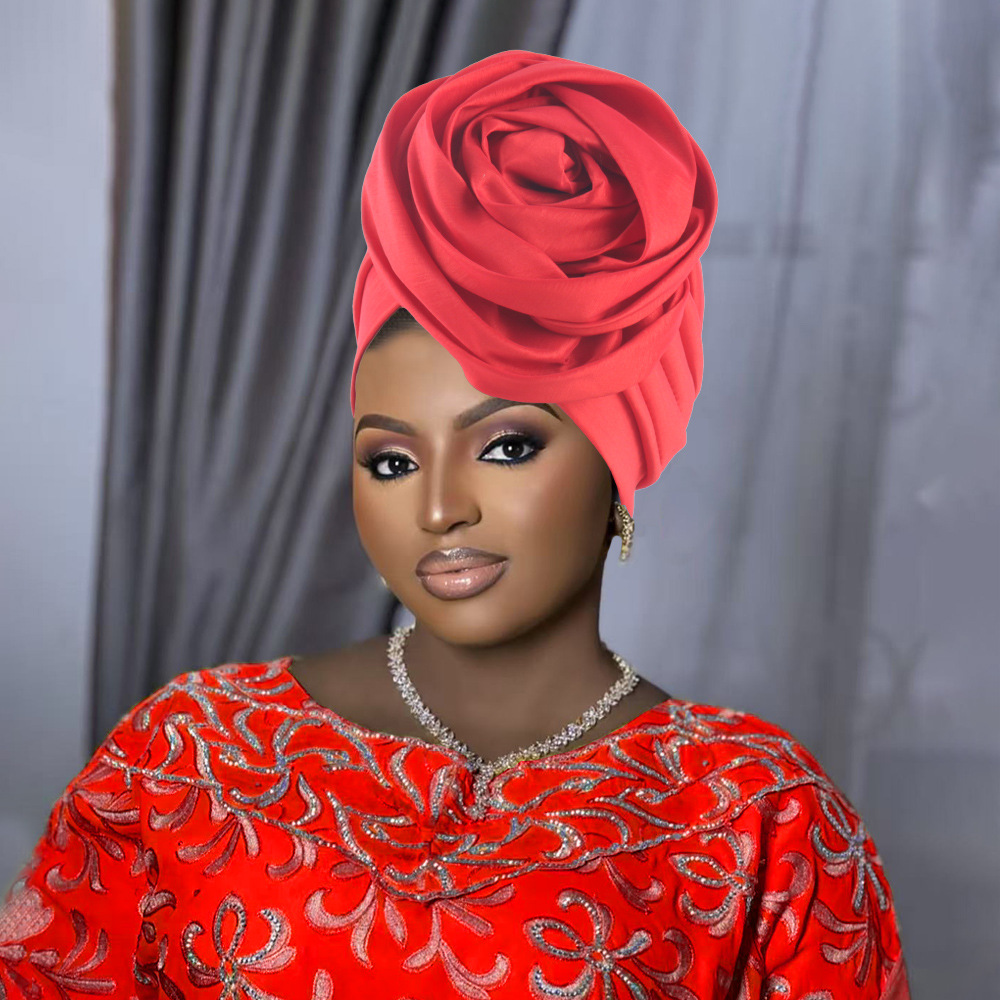 Bonnets Turban africains en soie brute, grande fleur de Rose, couvre-chef pour femmes, enveloppes de tête, Geles de mariage nigérian, Bonnet de fête