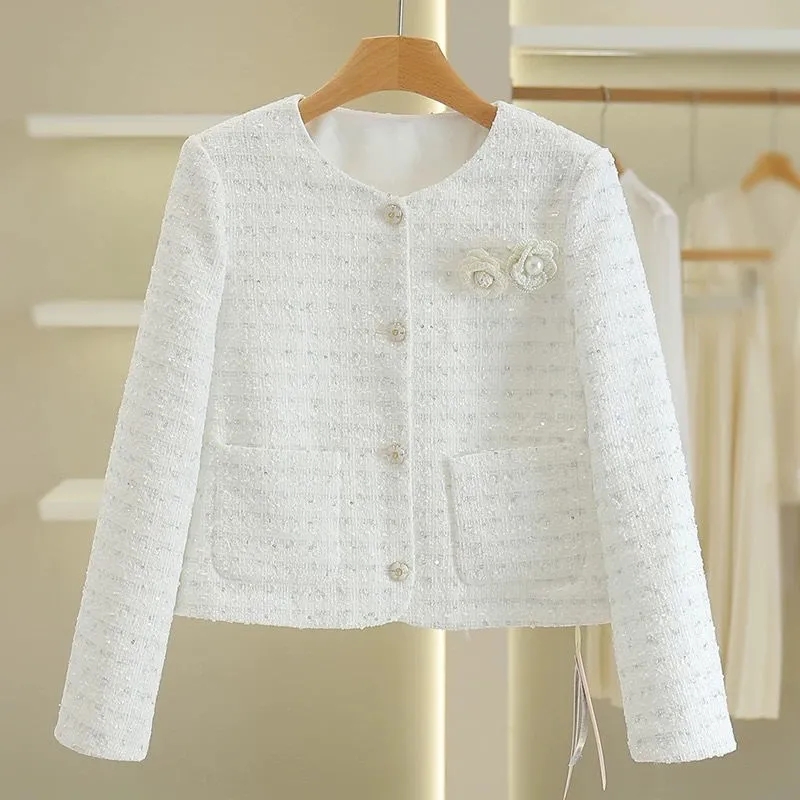 Nouveau Manteau Court Femme 2026 en Tweed, Col Rond, Simple Boutonnage, Style Cardigan, Coupe Ajustée et Ample, Tendance Jeune, Style Petite Fragrance