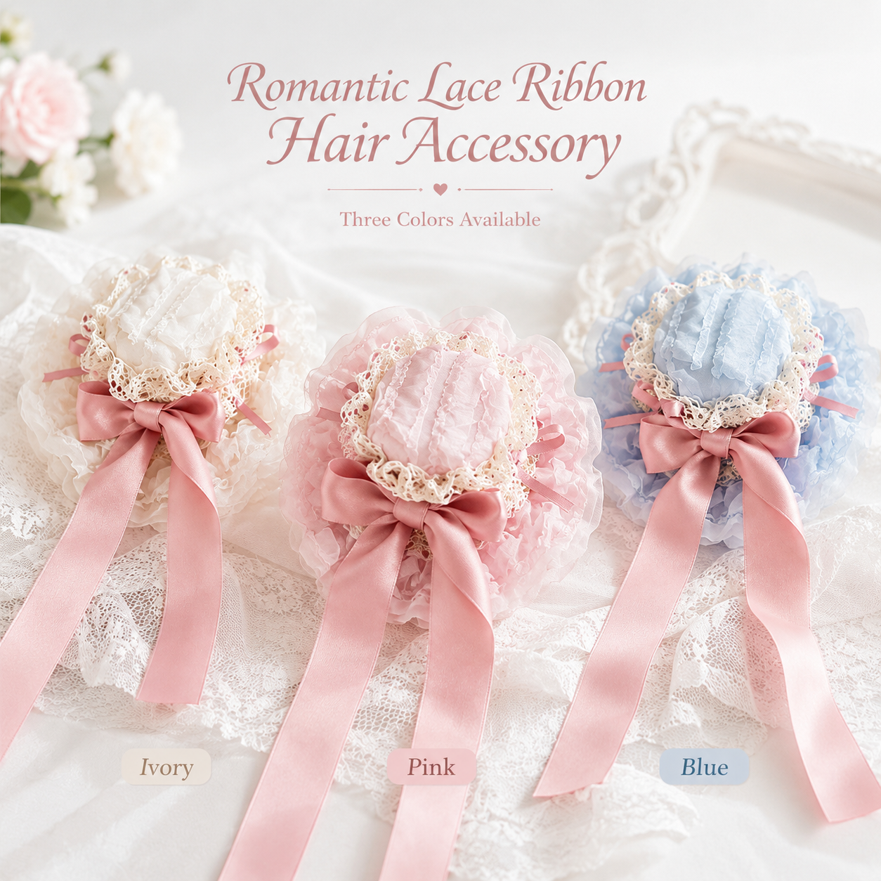 Bonnet vintage en dentelle Lolita avec long ruban en satin, accessoire pour cheveux à volants pour femmes et filles, 3 couleurs
