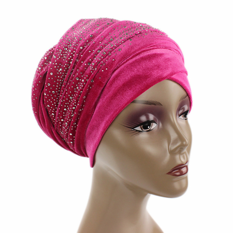Foulard Hijab Musulman en Velours et Strass pour Femme, Turban Africain Prêt à vitation, Bonnet de Sauna