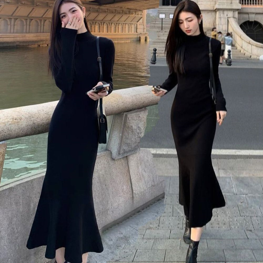 Robe Longue pour Femme, Tenue Vintage Élégante, Slim, Noire, pour Automne et Hiver