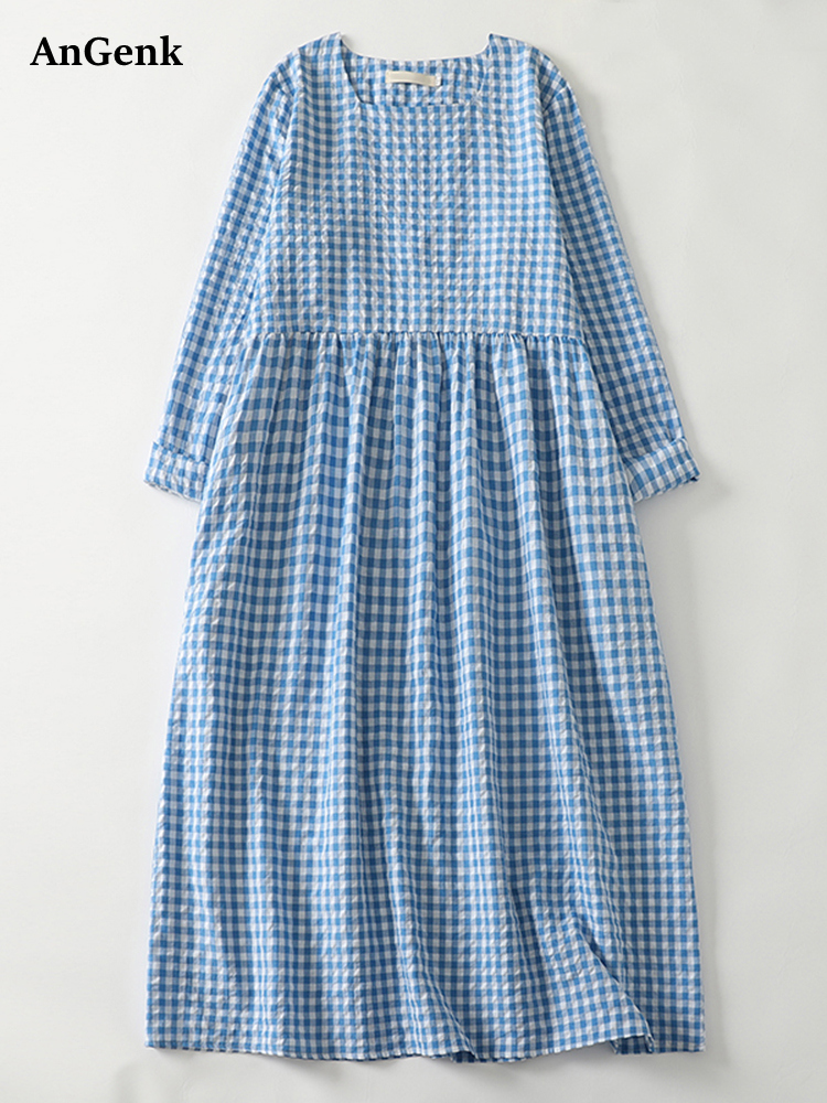 Nouvelles Robes Vintage en Coton à Carreaux Printemps-Automne 2026 pour Femmes, Manches Longues, Style Coréen Ample et Décontracté, Vêtements Élégants