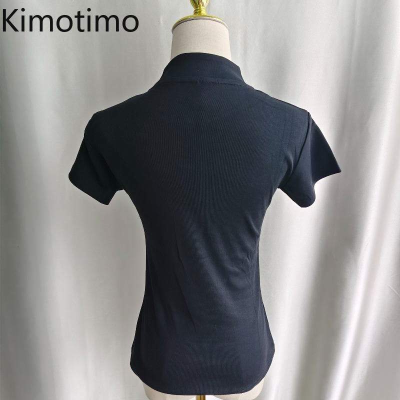 Kimotimo T-shirt élégant brodé poisson rouge pour femme, mode coréenne chic, t-shirts d'été, vêtements vintage, hauts décontractés amincissants pour femmes