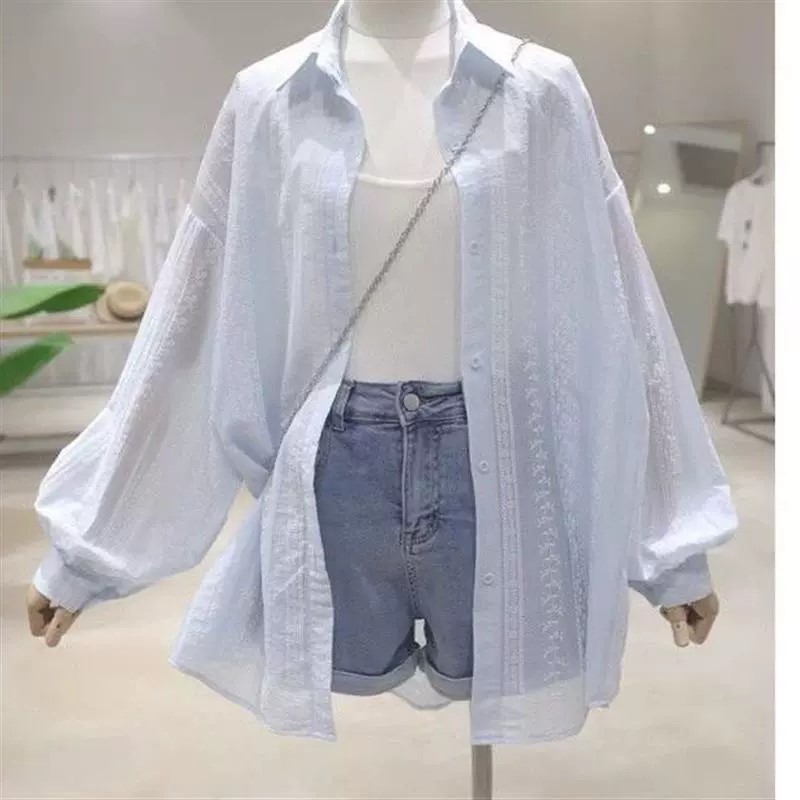 Chemise boutonnée brodée pour femmes, légère, manches longues, surdimensionnée, printemps été, mode coréenne, tenue décontractée