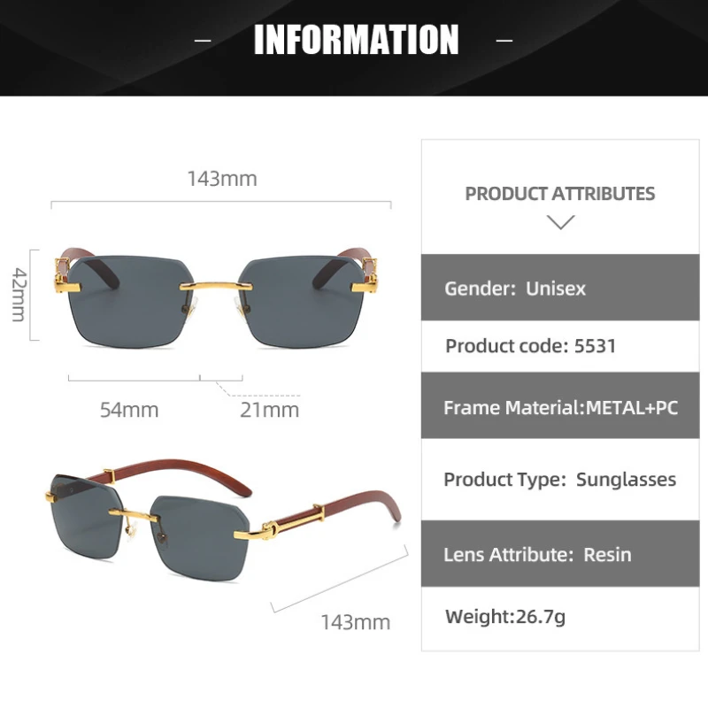 Lunettes de soleil sans monture à la mode pour hommes et femmes, monture rectangulaire en bois, nuances rétro, lunettes de voyage d'été UV400