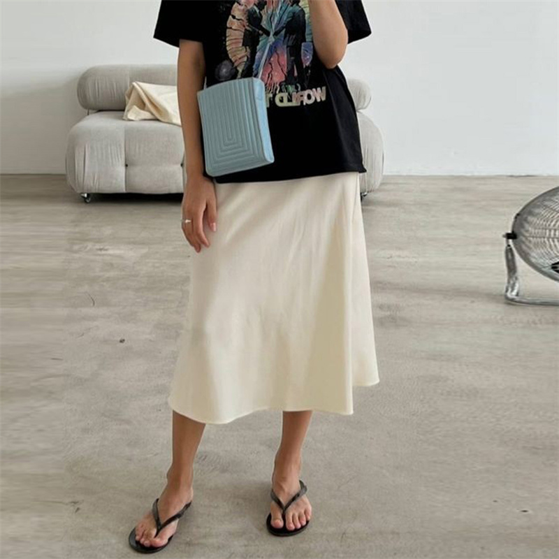 Lamuusaa-Jupe en Satin pour Femme, Vêtement d'Été, Couleur Unie, Taille Haute, Longueur Midi, Tenue de Soirée Élégante, Streetwear