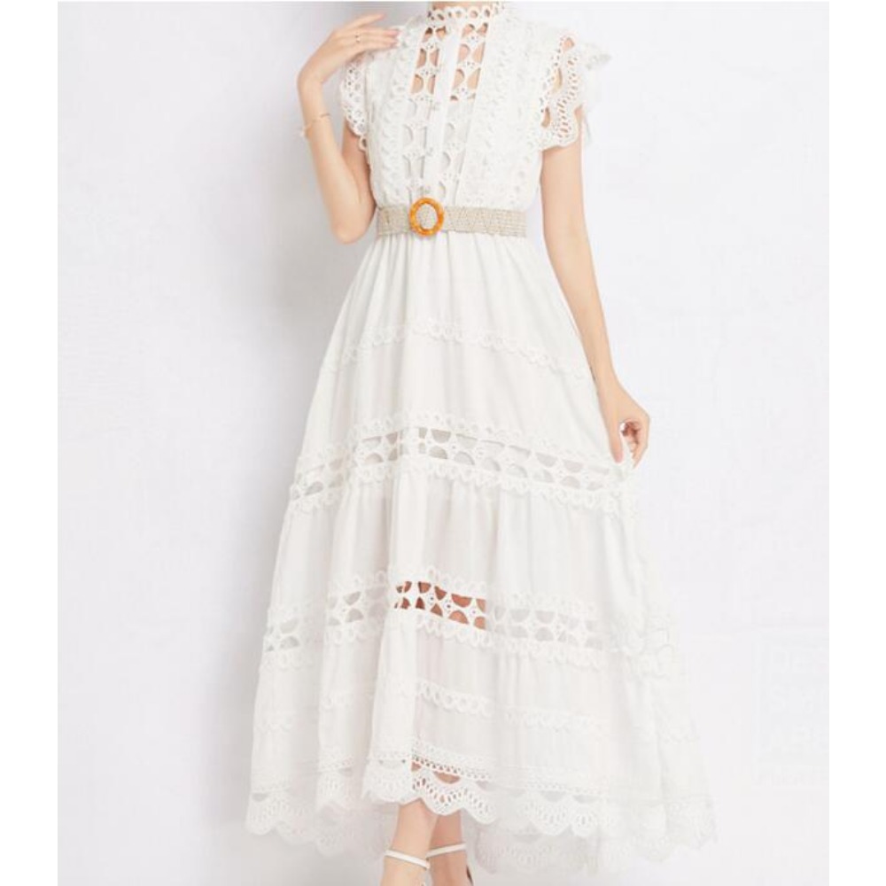 Robe française en dentelle brodée pour femmes, vintage, élégante, sans manches, découpée, robes éducatives, mode, vacances, printemps, été