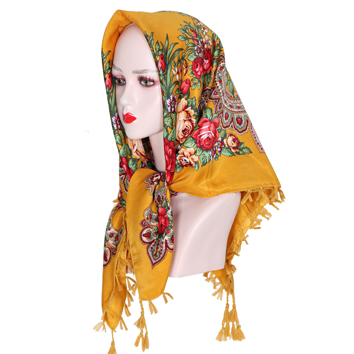 Foulard carré russe 90x90cm à franges courtes pour femme, imprimé floral de luxe, bandana, châle, foulard de tête, couvre-chef féminin