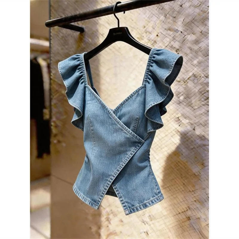 Nouvelle Collection Été-Automne 2026 : Gilet en Jean Style Coréen pour Femme – Veste sans Manches en Denim Tendance avec Volants
