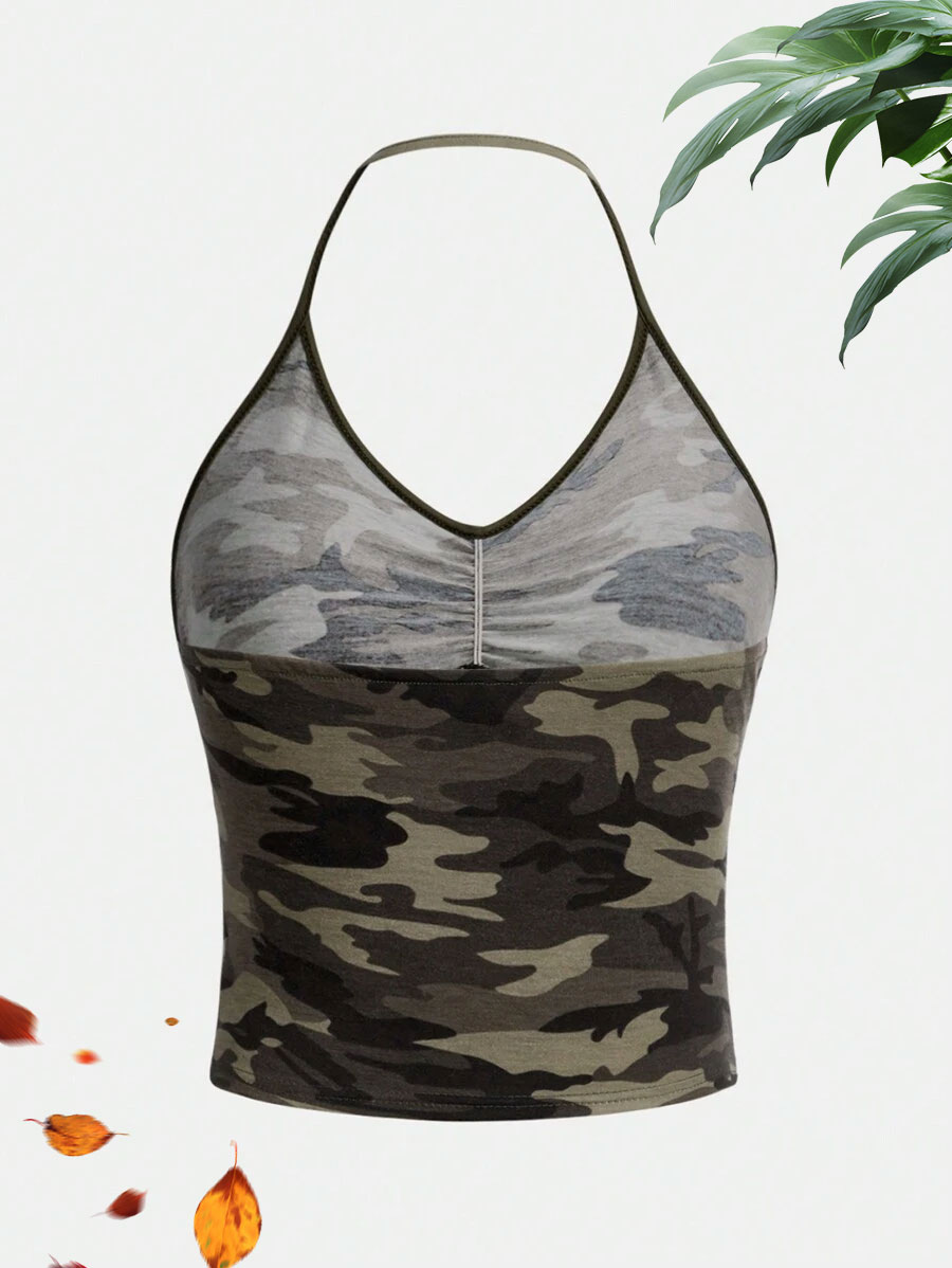 Haut court à imprimé camouflage pour femme, décontracté, col en V, froncé, sans manches, style camisole