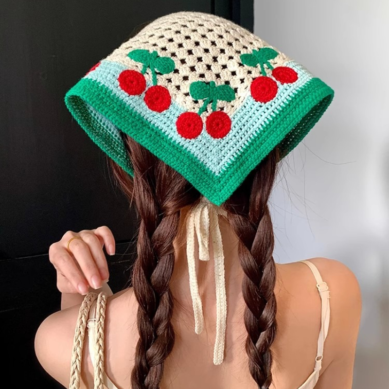 Nouveau foulard de cheveux triangulaire tricoté à la main rétro français pour les femmes printemps été voyage Photo polyvalent doux sangle foulard chapeau