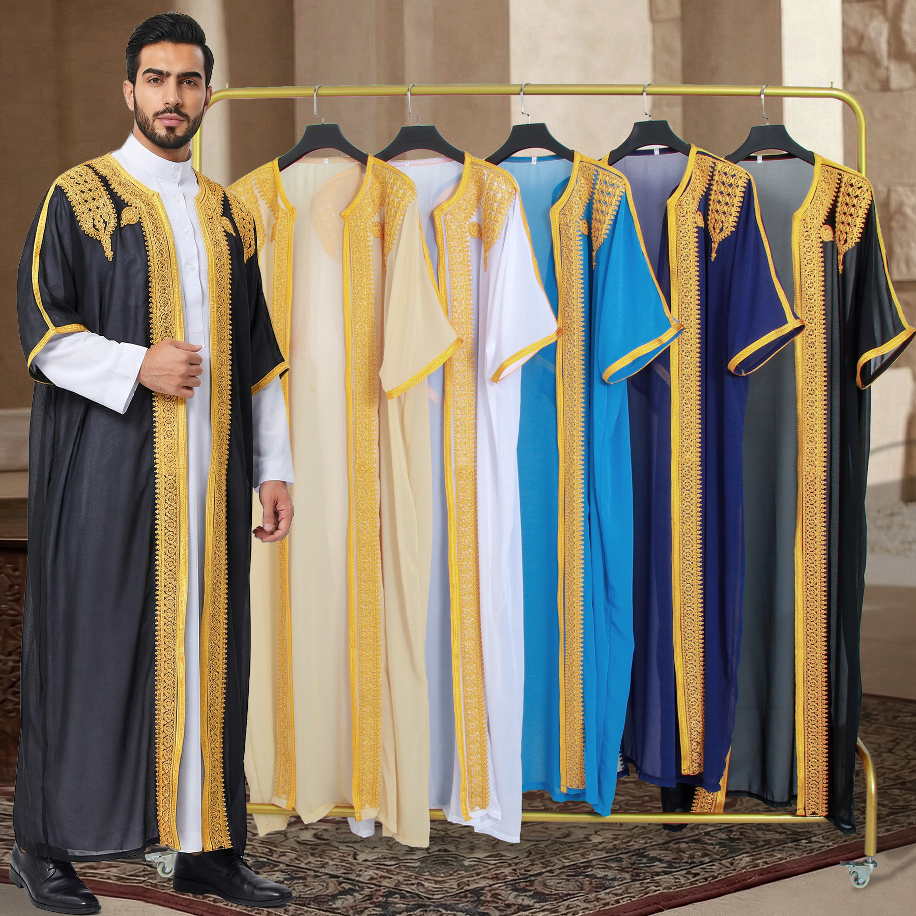 Robe d'Eid pour homme, Jubba, Thobe, Abaya ouverte, Dishdasha, Cardigan islamique brodé, Abayas, Kaftan de prière musulman pour homme, style Dubaï, Ramadan, Maroc