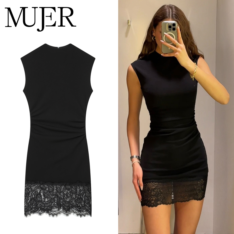 MUJER – robes courtes en dentelle noire pour femmes, Mini robe plissée moulante, sans manches, robe d'été élégante pour femmes, robes de soirée