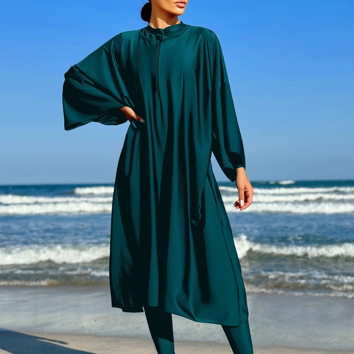 Burkini pour femmes, robe longue à manches longues et col montant, vert turquoise, maillot de bain modeste, robe maxi, robe de bain avec fermeture éclair sur le devant