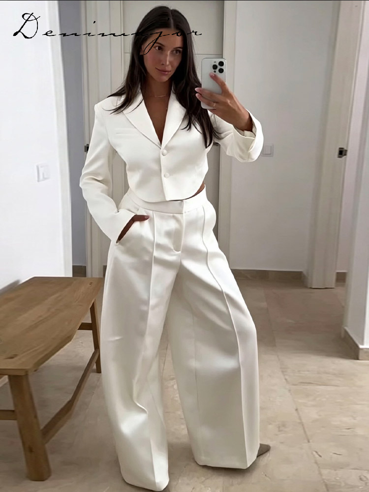 Ensemble pantalon et blazer en satin uni pour femme, veste courte à revers et dos nu, pantalon large taille mi-haute coupe ballon, nouvelle collection 2026, tenue décontractée pour femme