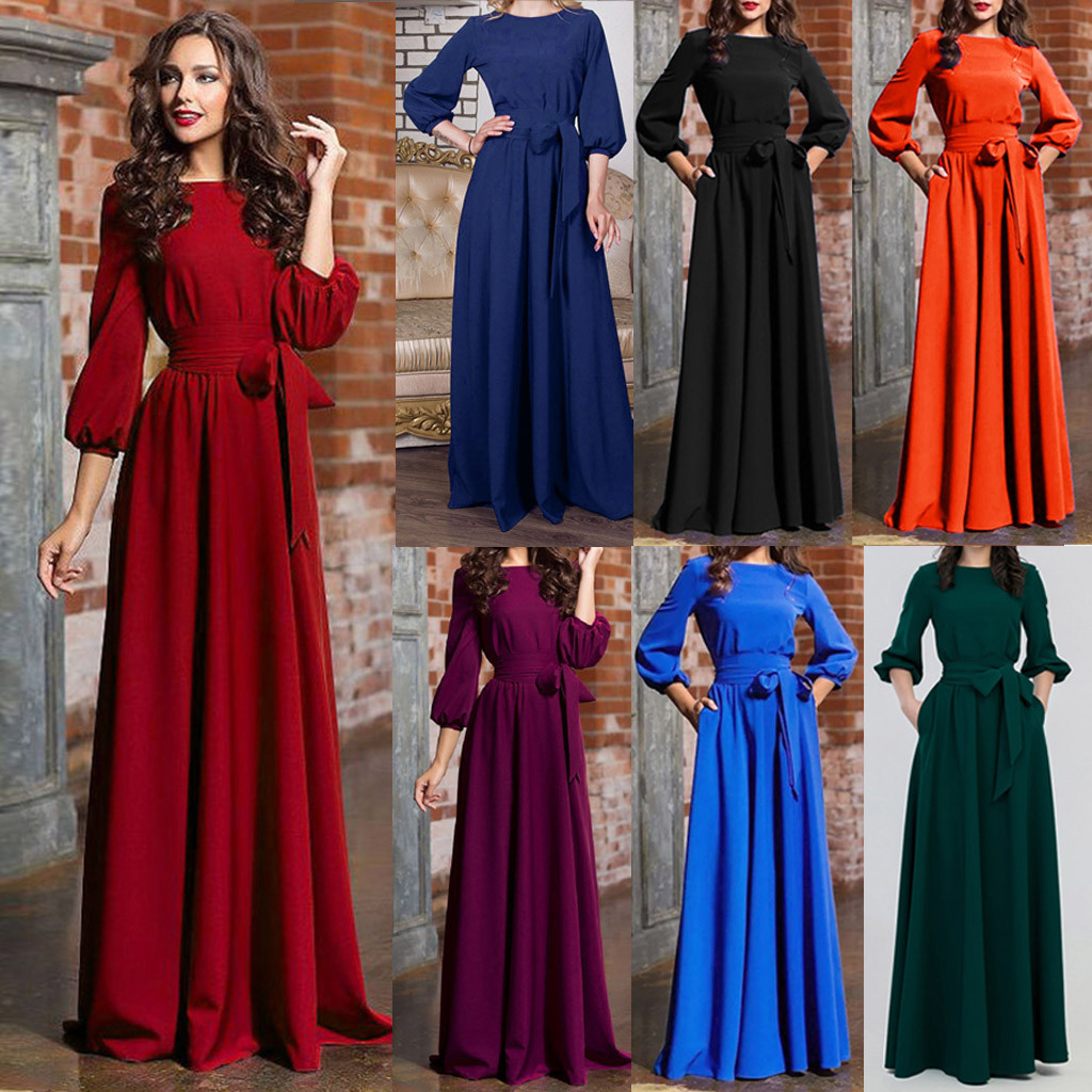 Robe trapèze à manches longues pour femmes, robes formelles à taille haute, vintage, col rond, robes longues médiévales, solide