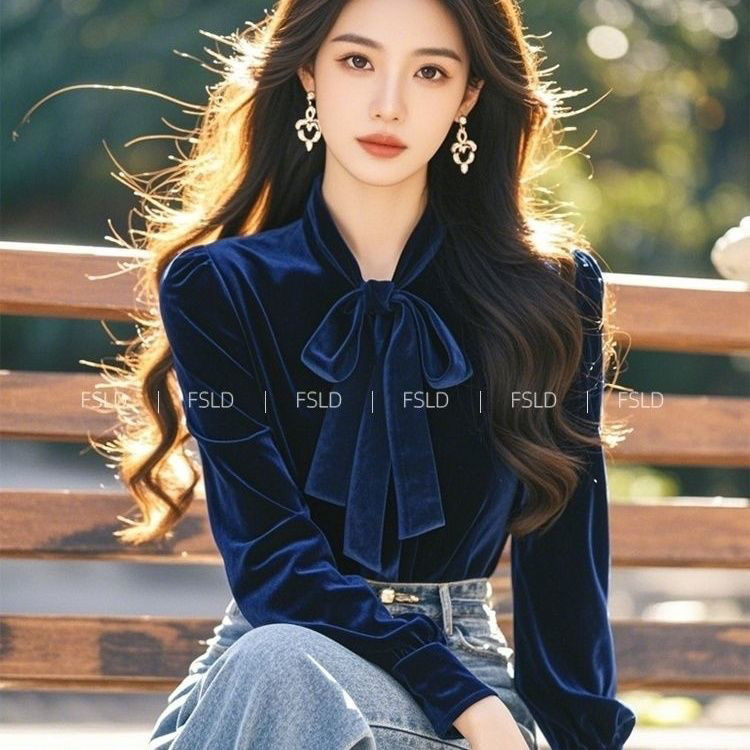 Chemisier Élégant en Velours Bleu Or pour Femme, Haut Chic Coréen, Épuisé, Tenue de Bureau, Basique