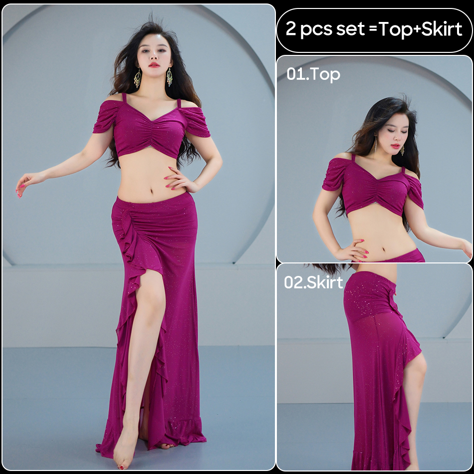 Costumes de spectacle de danse du ventre pour femmes, ensemble 2 pièces haut + jupe, fente unique, Costume de spectacle Sexy, tenue de danse