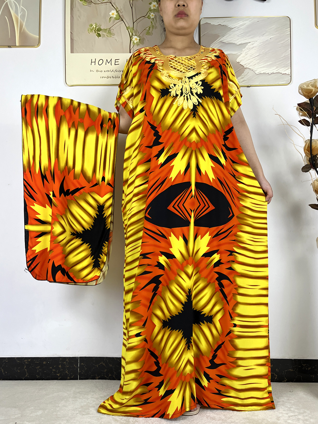 Abayas musulmanes 2026 pour femmes, en coton imprimé avec appliques florales, robe ample pour femme, style africain, Dubaï, Turquie, avec turban