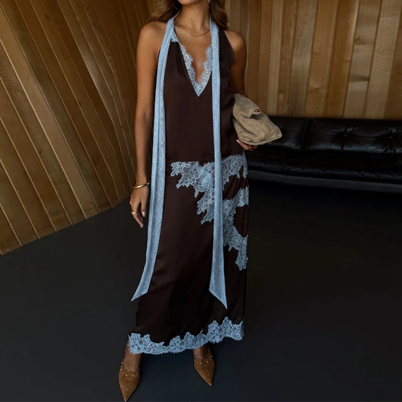 Ensemble jupe en satin élégant pour femmes, haut sans dos à col montant avec bordure en dentelle, jupe maxi asymétrique, tenue de sortie Y2k soyeuse