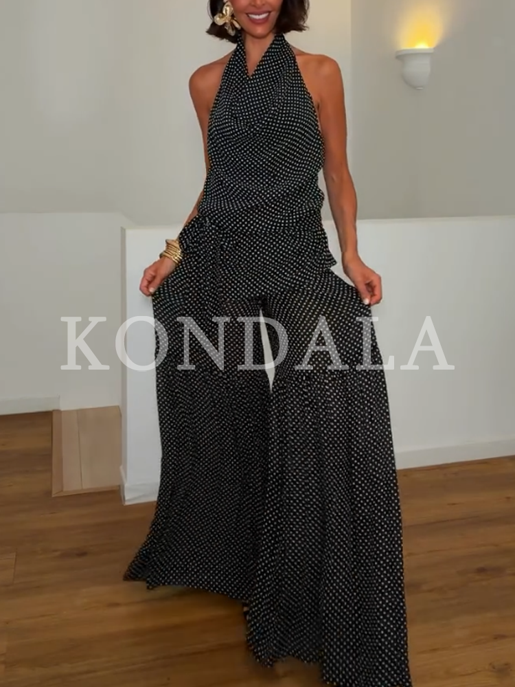 KONDALA Ensemble pantalon et haut pour femme, tendance, décontracté, à pois, été 2026, élégant, style urbain, pour les vacances, comprenant un haut dos nu et un pantalon large