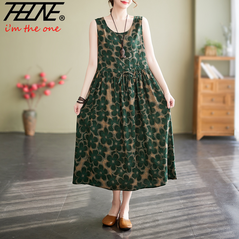 Robes De Mujer robe d'été pour femmes imprimé fleuri coton lin rétro nouveau pull sans manches a-ligne longue robe Maxi ample