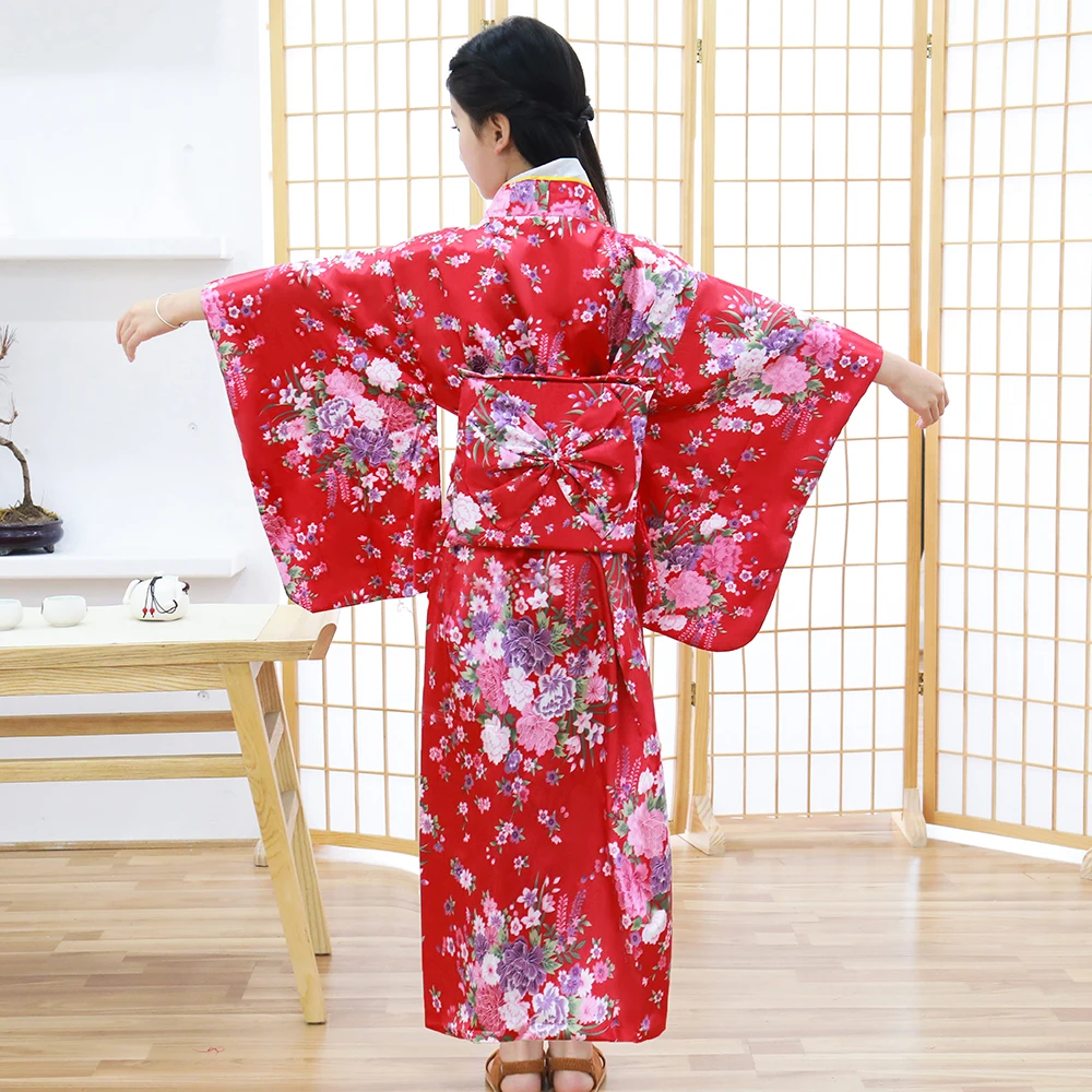 Peignoir Kimono japonais rouge pour enfants filles, vêtements de spectacle à fleurs imprimées Yukata avec Costume de Cosplay doux d'obrimoine