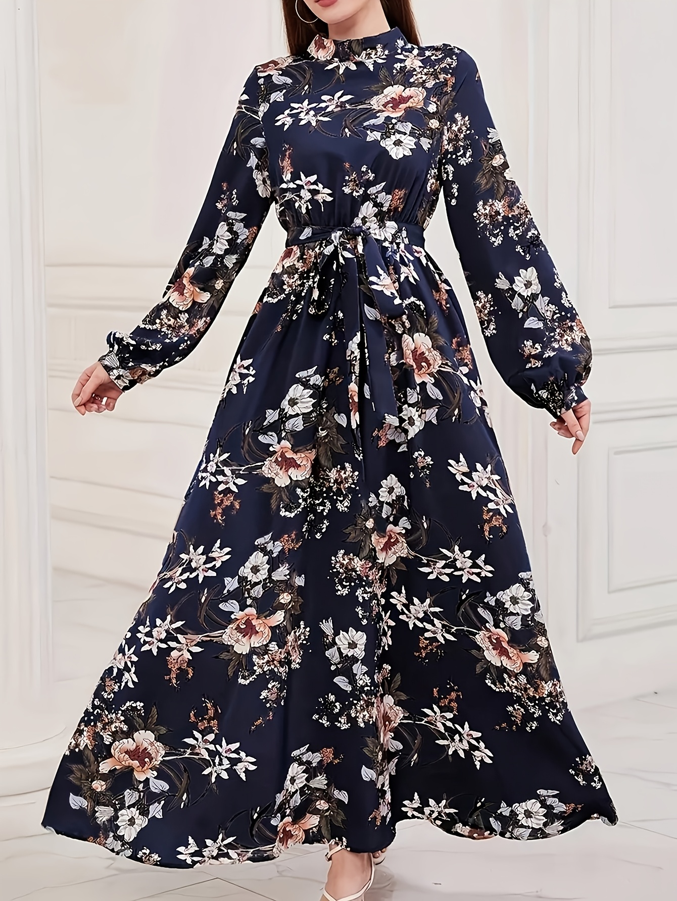 Robe longue ample pour femme, élégante, à imprimé floral, avec ceinture à nouer, col imitation, manches longues, pour le Ramadan