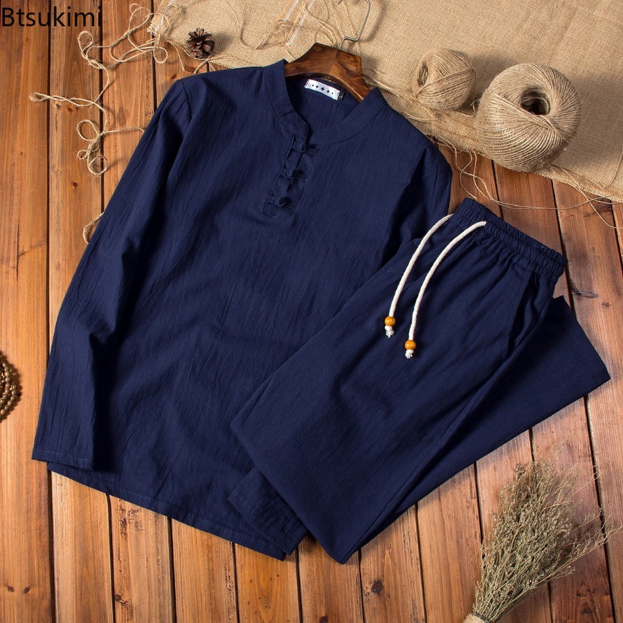 Nouvel ensemble de vêtements traditionnels chinois pour hommes, en coton et lin respirant, 2 pièces, costume décontracté ample, costume de Tai Chi Kung Fu, costume Tang