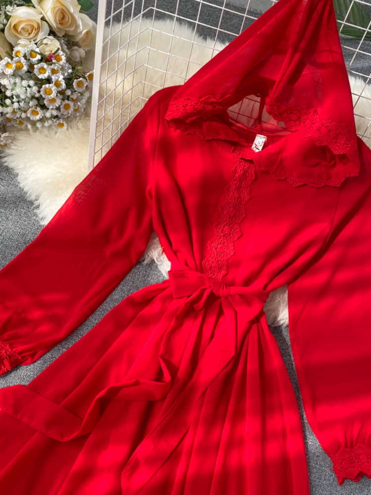 Robe longue rouge à capuche en mousseline de soie pour femmes, robes de plage élégantes à volants, robe trapèze mince, robe longue monochrome, robe éducative, printemps, automne