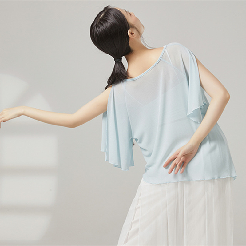 Costumes de danse classique pour femmes, haut en maille de gaze, chemise fendue à manches courtes, chemisiers Saree amples, ourlet irrégulier, vêtements de danse sur scène chinoise