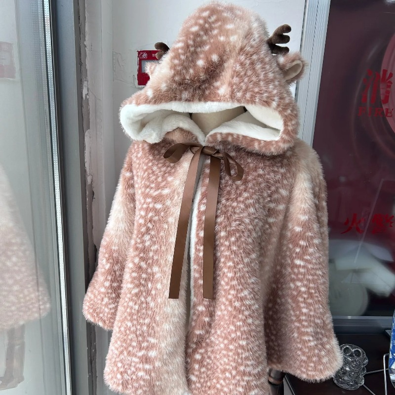 Manteau de noël en peluche japonaise pour femmes, mignon imprimé cerf à pois, épais, cerf Kawaii, coupe-vent, veste châle d'élan, hiver