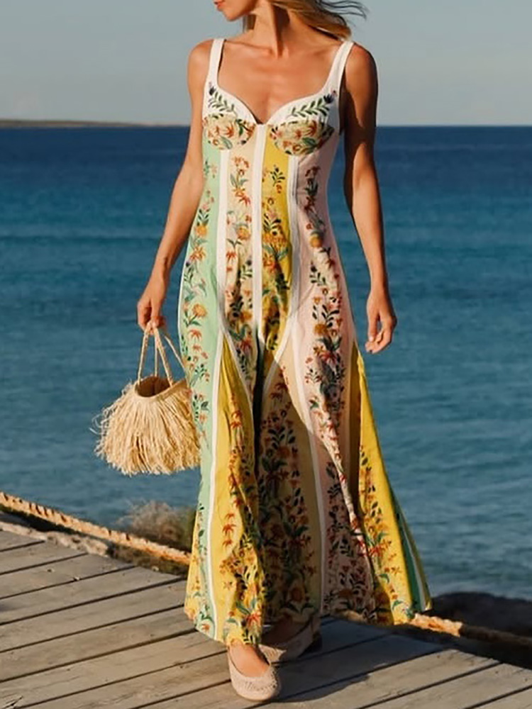 Mode femmes élégantes sans manches robes de soirée décontracté col en V profond robe Maxi été dos nu taille haute robe imprimée robes