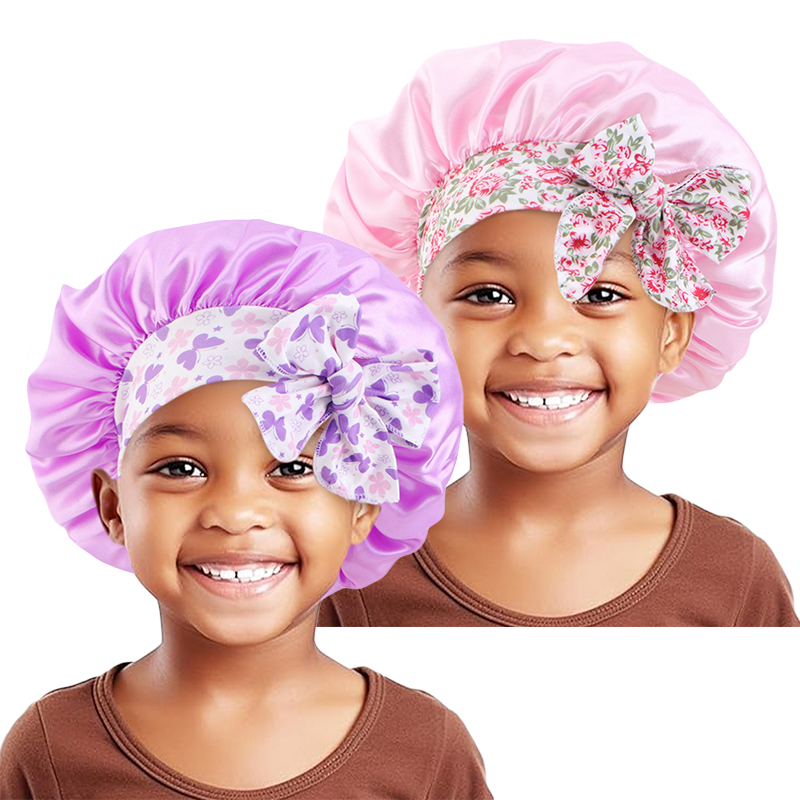Bonnet élastique en Satin soyeux pour enfants, chapeau de couchage, Baotou, nœud mignon, soins capillaires, Bonnet de nuit, Turban