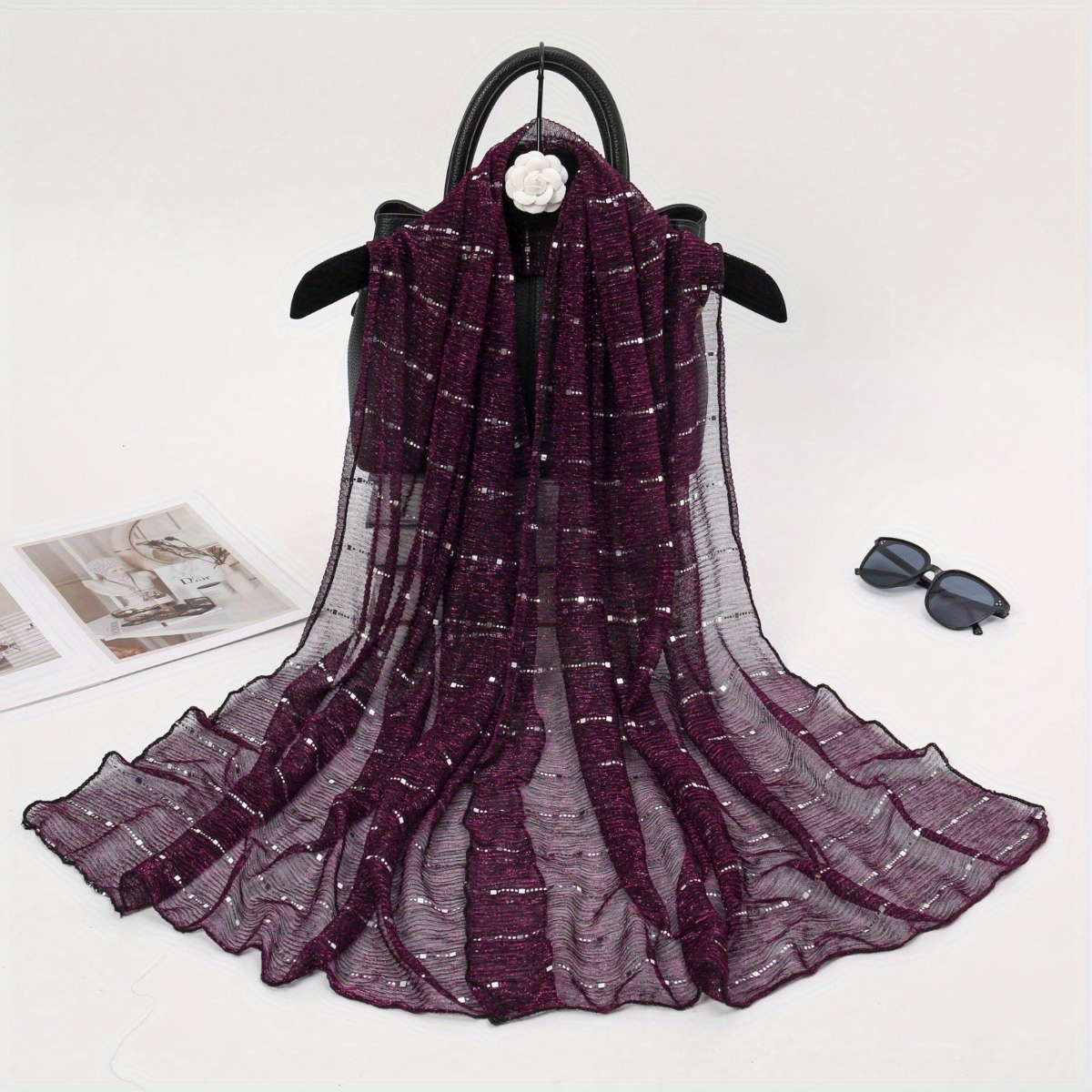 1 pièces printemps et automne femmes haute élasticité sequin chaîne écharpe, mèche soie longue écharpe, écharpe indienne, écharpe en soie coulissante