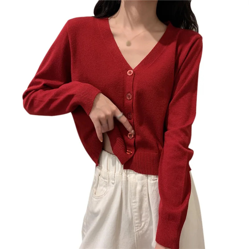 Cardigan court à manches longues pour femmes, col en V, boutonné, tricot, automne et printemps, pull à simple boutonnage