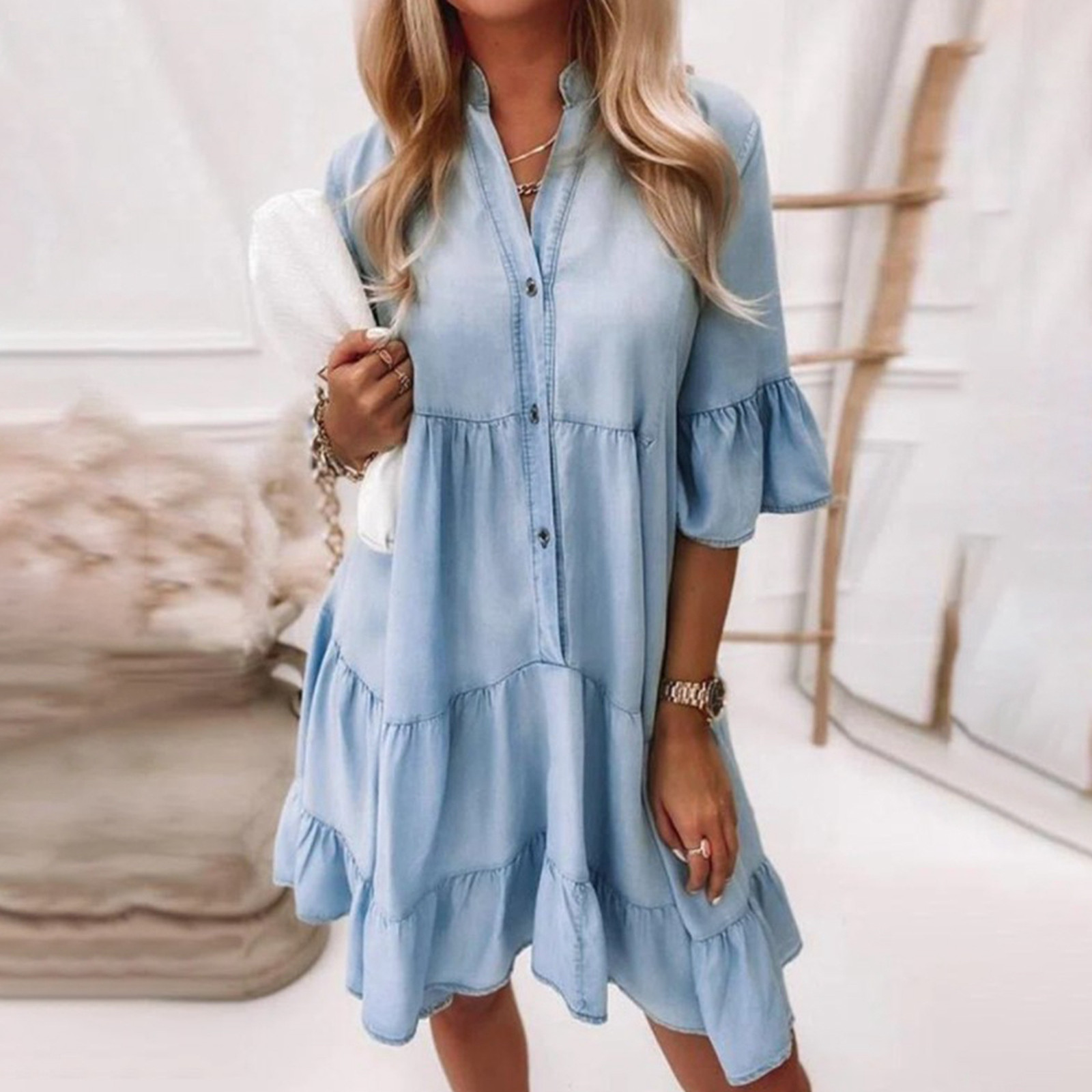 Robes pour femmes 2025 décontracté femmes couleur unie en détresse Denim robe mi-longue avec 5/8 manches robes Elegantes Feminino