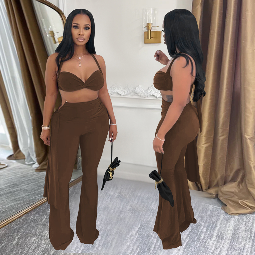 Tenues Sexy pour femmes, haut court torsadé sur le devant et bretelles longues, pantalons à jambes larges, ensembles de survêtements froncés en métal, salopette de nuit Chic