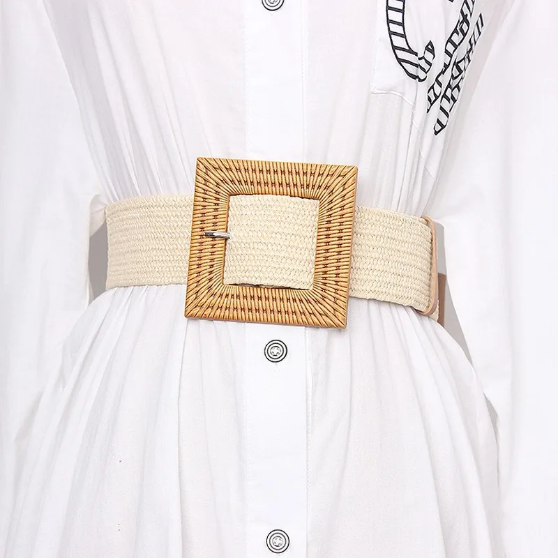 Femmes plage bohême ceinture élastique ceinture boucle carrée tressé robe d'été femmes mode coréenne sangle