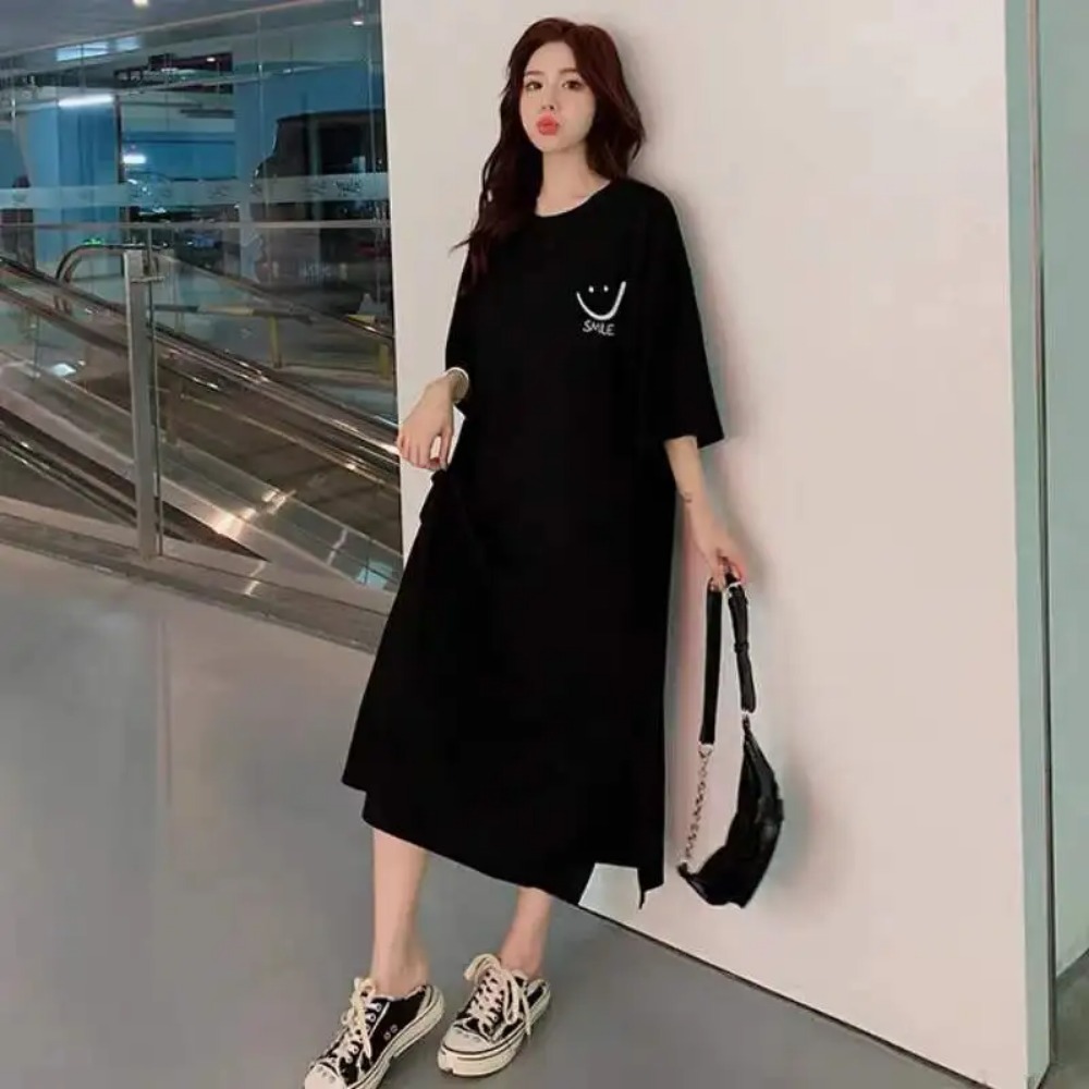 Robe T-shirt ample d'été pour femme, mi-longue, à manches courtes, décontractée et tendance, au-dessus du genou