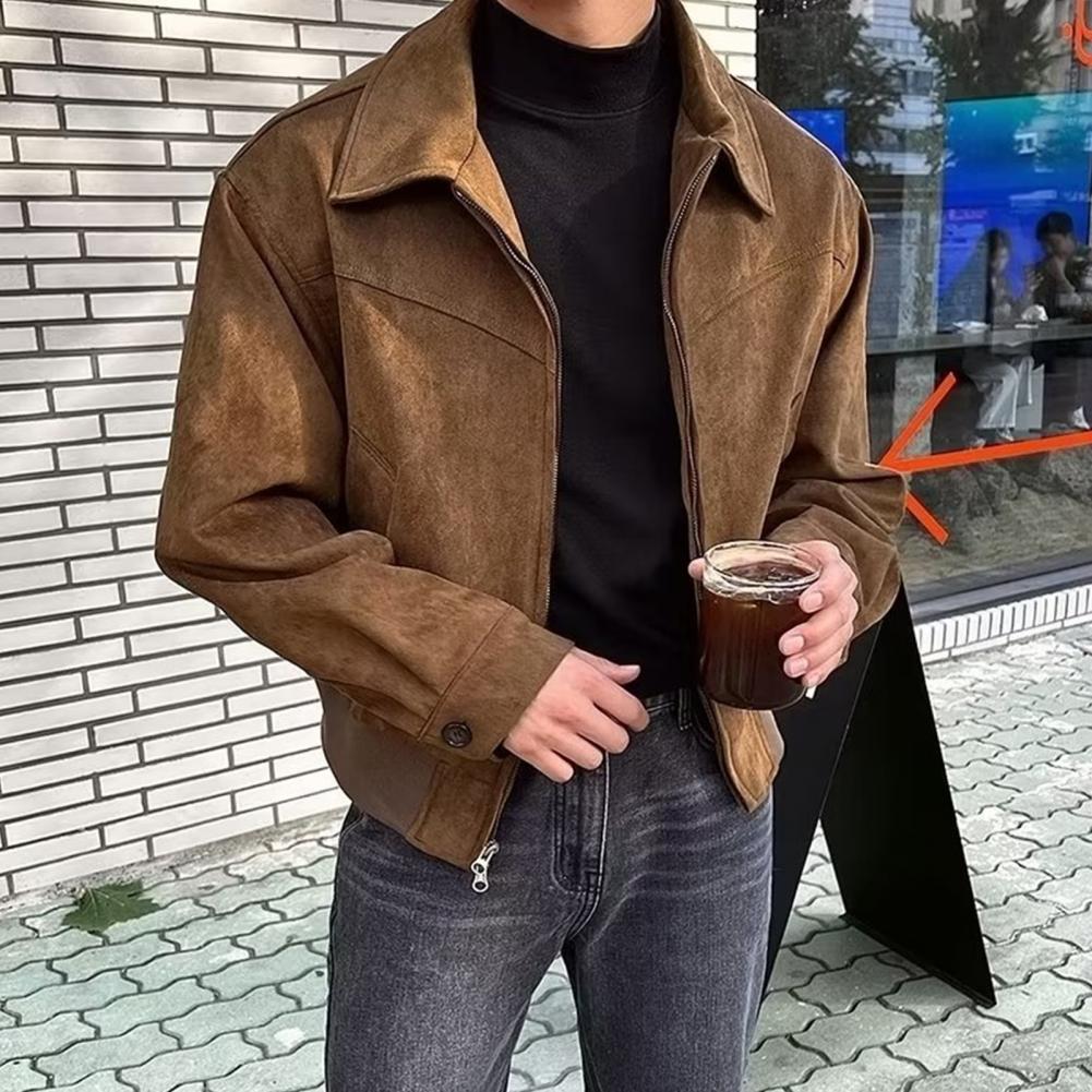 Veste zippée élégante pour hommes, veste à revers avec fermeture à glissière, poches latérales, couleur unie, vêtements d'extérieur pour Style court, manches longues