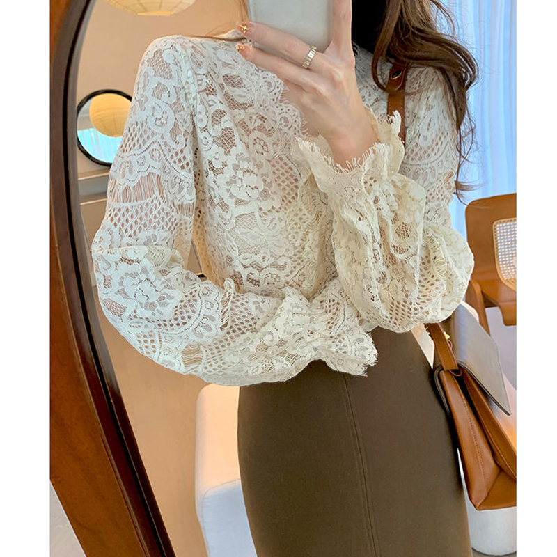 Économie en dentelle évidés pour femmes, manches longues, col en V, mince, monochromatique, chic, vintage, décontracté, sexy, printemps, automne, vêtements pour femmes, 2024