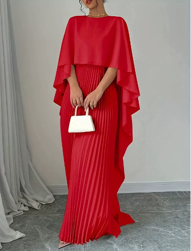 Robe longue plissée à manches cape pour femme, col rond, élégante, robe de soirée formelle
