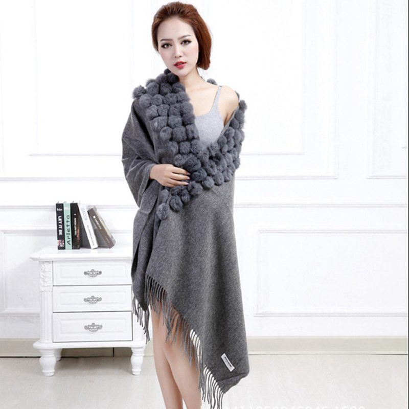 Écharpe d'hiver 100% laine pour femme, châle en vraie fourrure noir, nouveau châle en cachemire pashmina avec pompon en fourrure de lapin, écharpe cape chaude d'automne