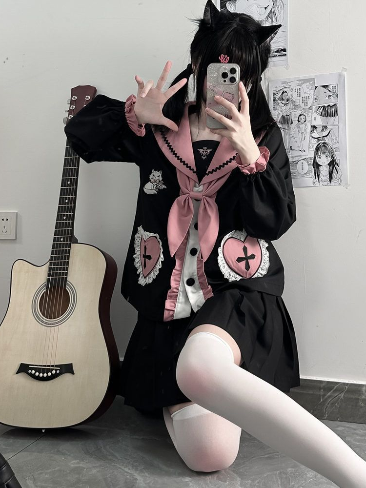 Ensemble deux pièces japonais Kawaii pour femmes, chemisier en dentelle brodée de chat esthétique, grunge + mini jupes plissées dégradées, tenue trempée, Y2K