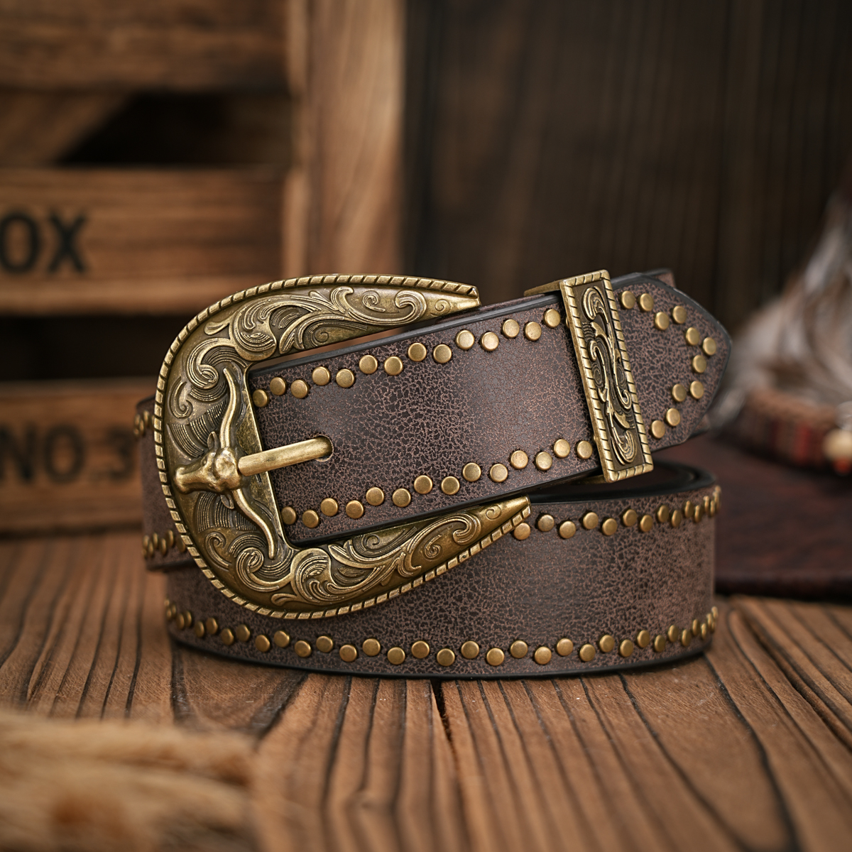 Ceinture en jean western pour hommes et femmes - Cuir PU - Ceinture vintage avec boucle sculptée florale