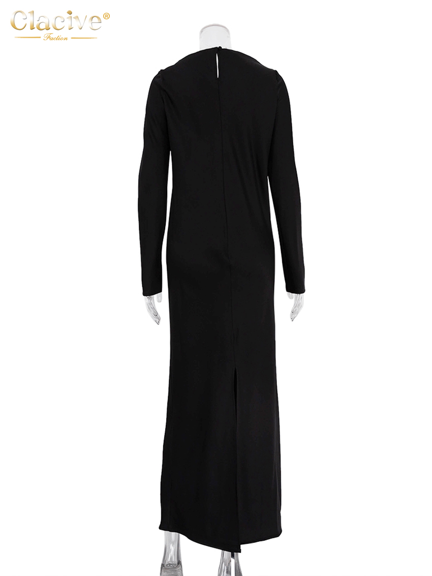 ClacMarkets-Robe en Satin Noir pour Femme, Tenue Décontractée, Col Rond, Manches sulf, Longueur Rinçage, Élégante, Classique, Couleur Unie, Mode 2023