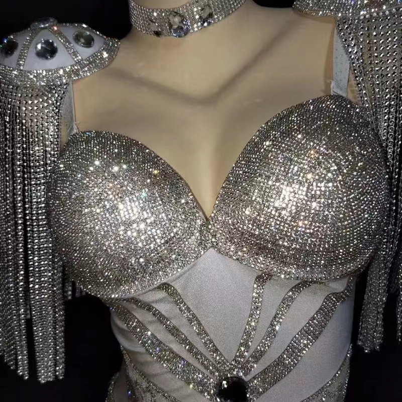 Tenue rave pour femmes, tenue de célébration, Showgirl, pompon en cristal, vêtements de scène, robe de danse de chanteur, tenue de spectacle d'événement